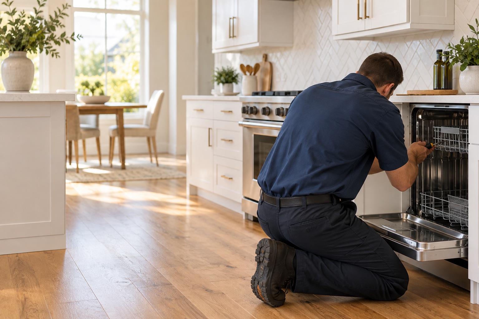 SmartWay technician repairing a dishwasher in a McKinney kitchen