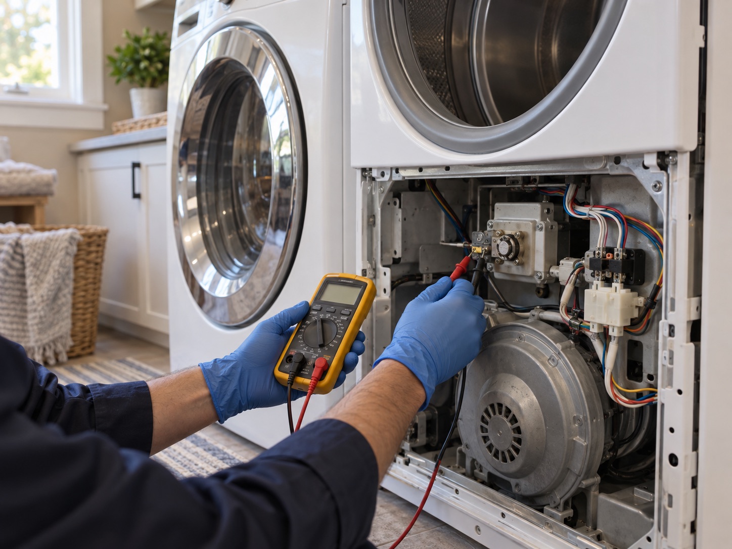 SmartWay technician testing a dryer in a laundry room